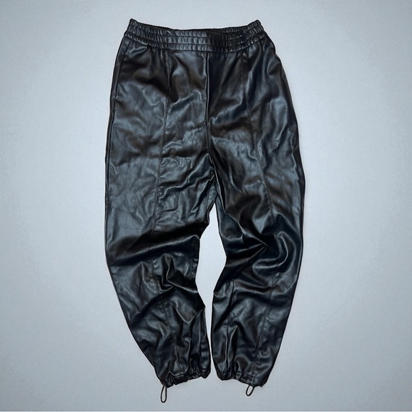 Zara Faux Leather Jogger Pants Black Elastic Waist Drawstring Hem Streetwear - Picture 10 of 12